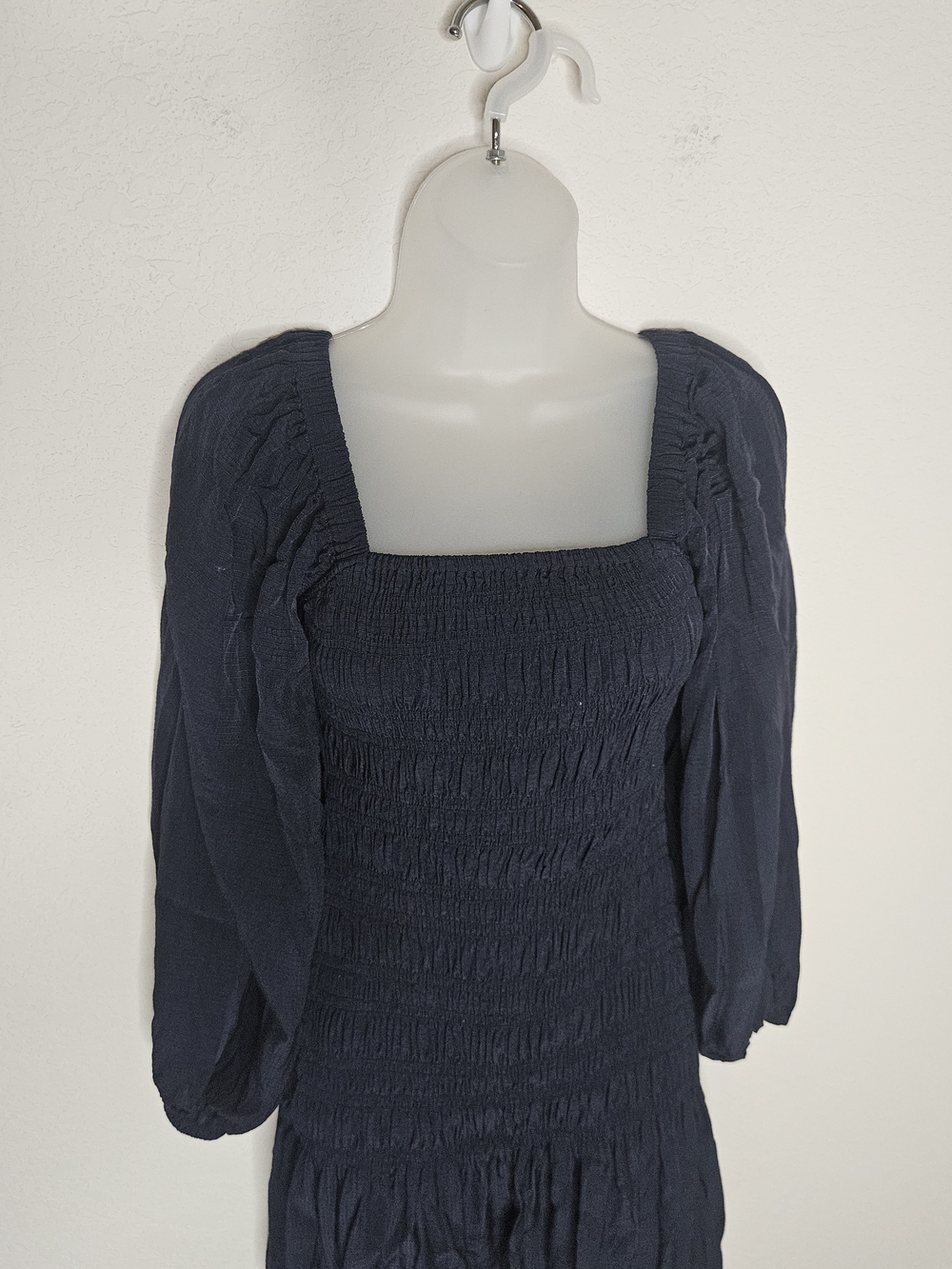 GANNI Ripstop Navy Smocked Mini Dress Puff Peasant Sleeve Square Neck SZ 34 US 4 - Picture 6 of 13